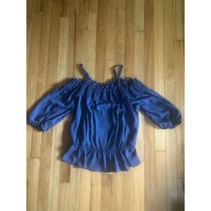 BCX Womens Dark Dusty Blue Cold Shoulder Crochet Lace Trim Blouse Top Large